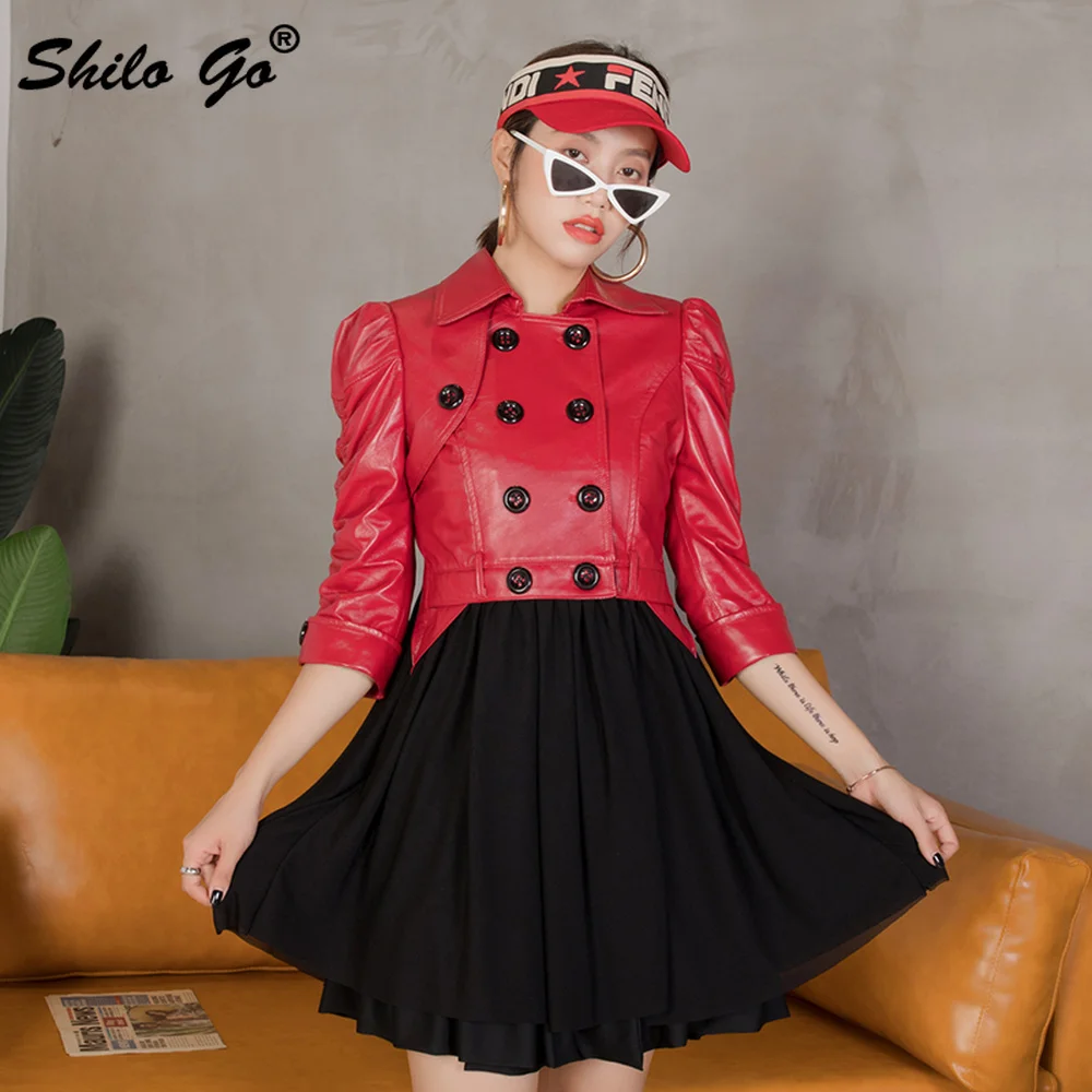 Genuine Leather Trench Elegant Peter Pan Collar Double Breasted Pleated Hem Sheepskin Coat Women Office Lady A Line Outwear