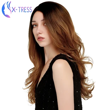 

Synthetic Lace Part Romantic Wavy Wigs For Women Long Dark Root Ombre Brown Wig Heat Resistant Fiber 20" Cosplay Wig