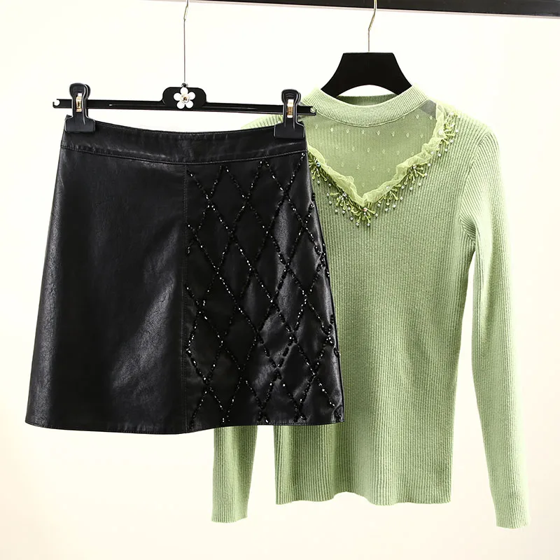 fashion stitching PU skirt beaded fashion decoration
