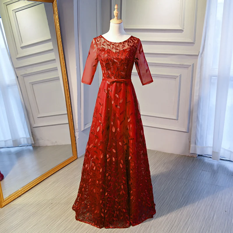 Burgundy Beauty-Emily/платье подружки невесты с круглым вырезом и коротким рукавом с цветочным рисунком; длинные платья с блестками и аппликацией; плиссированные вечерние платья для гостей на свадьбе - Цвет: Burgundy