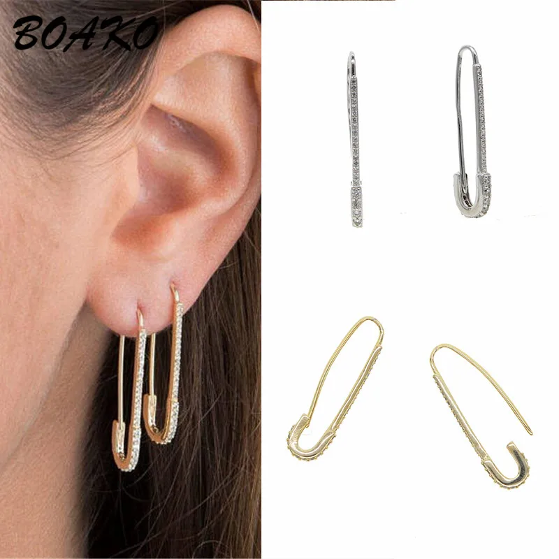 BOAKO, уникальный зажим для бумаги, безопасная булавка, серьги-гвоздики для женщин, хип-хоп, рок, панк, циркон, CZ серьги с камнем, модные ювелирные изделия, женские подарки