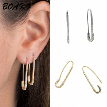 

BOAKO Unique Paperclip Safety Pin Stud Earrings For Women Hip Hop Rock Punk Zircon CZ Stone Earings Fashion Jewelry Female Gifts