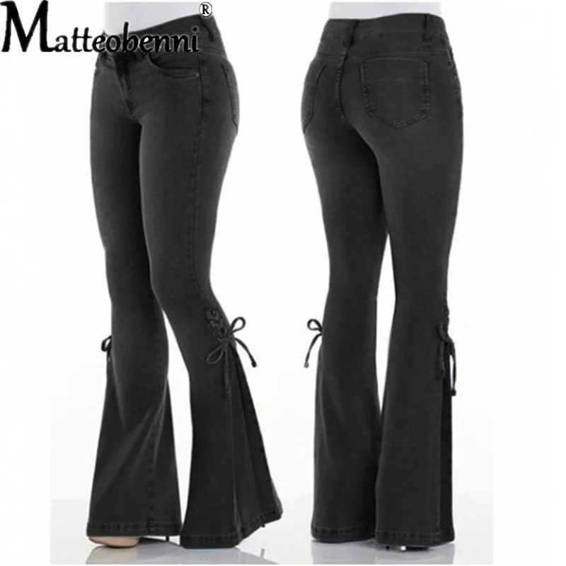 Fashion Mid Waist Denim Flare Pants Women Lace Up Slim-fit Stretch Jeans Wide Leg Trousers Lady Casual Bell-Bottoms