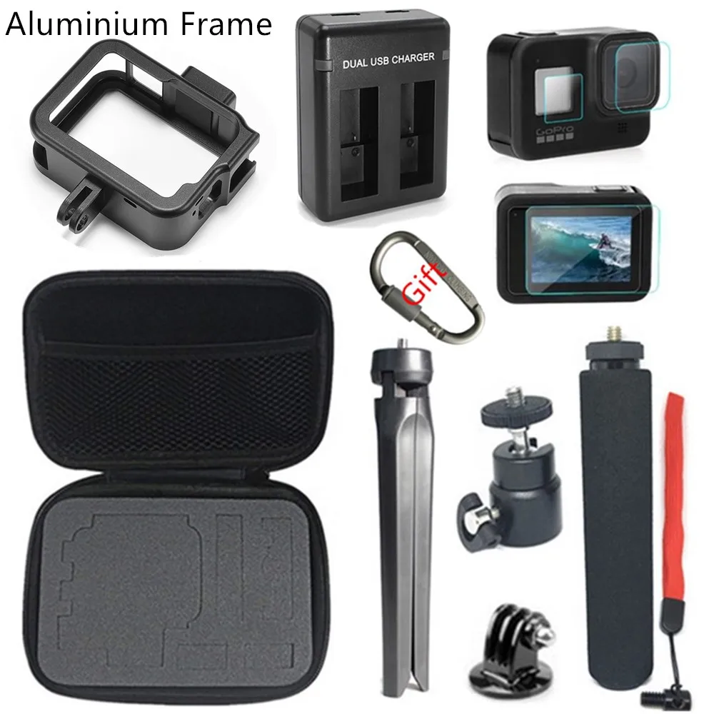 

New Set Aluminium Frame Protect Housing Mount With Storage Case for Gopro Hero 8 Black Camera Handheld Monopod Tripod Adapter