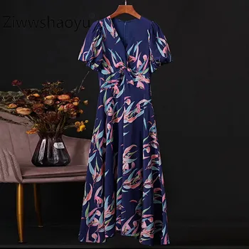 

Ziwwshaoyu 2020 Spring Runway Designer 100% Silk Women's Dresses Sexy V-neck Printing Puff Sleeve Boho Vacation Dress