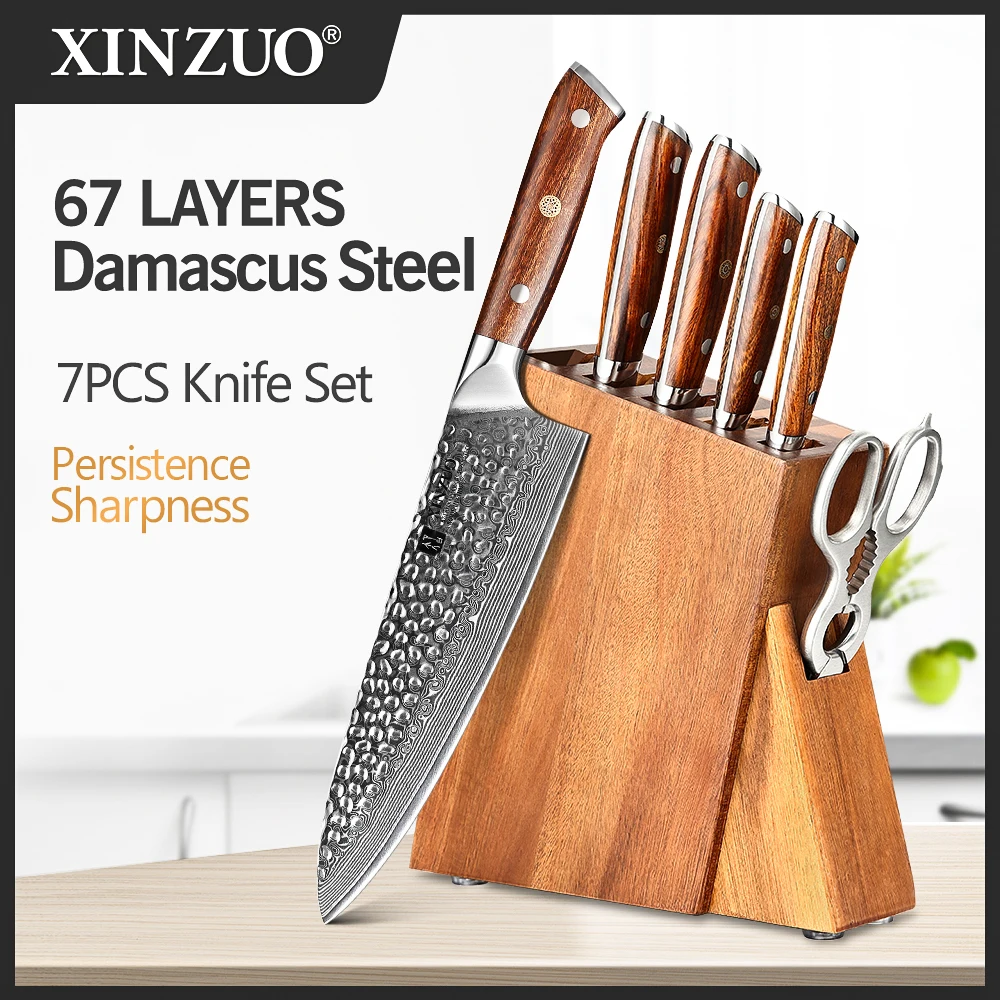 

XINZUO 7PCS Damascus Kitchen Knives Set Chef Slicing Utility Paring Knife Japanese Style VG10 Steel Ironwood Handle Sharp Cutter