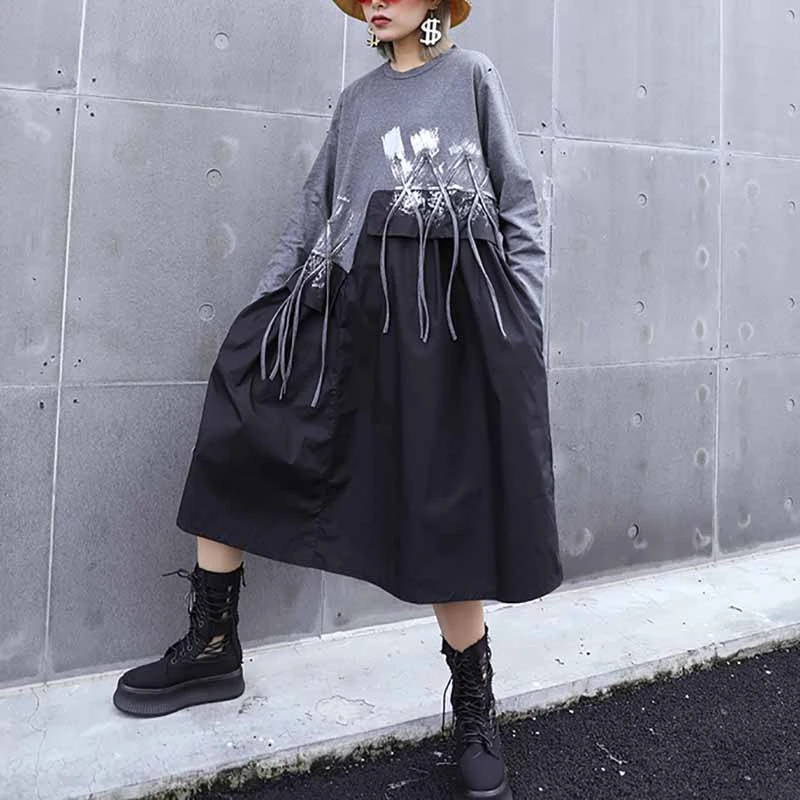 

[YaLee] New Fashion 2019 Summer Autumn Simple Contrast Color Round Neck Long Sleeve Stitching Rope Loose Dress Women N047
