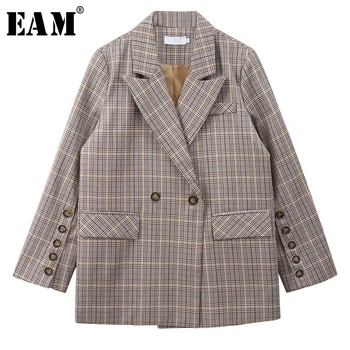 

[EAM] Women Khaki Plaid Temperament Blazer New Lapel Long Sleeve Loose Fit Jacket Fashion Tide Spring Autumn 2020 1W804