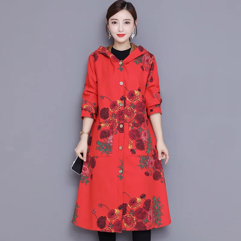 

2019 Autumn And Winter New Style Large Size Dress National Wind Cotton Linen Printed Brushed And Thick Mid-length Hooded Trench