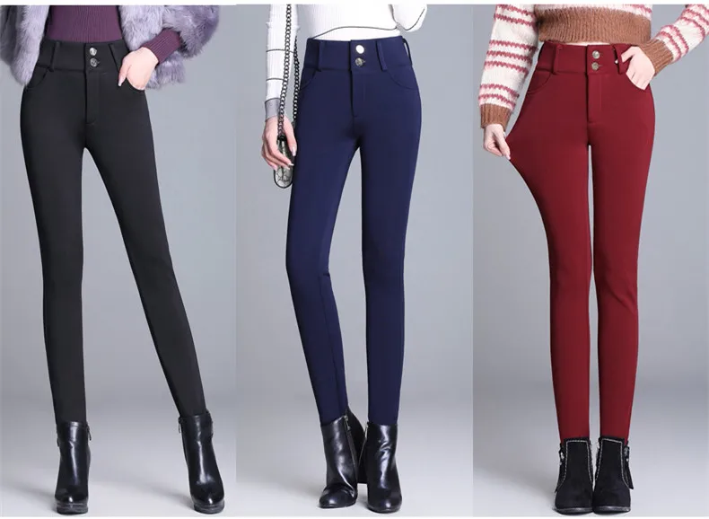 Зимние Бархатные утолщенные теплые штаны для женщин, обтягивающие Стрейчевые брюки-карандаш с высокой талией, черные, синие, винные женские брюки