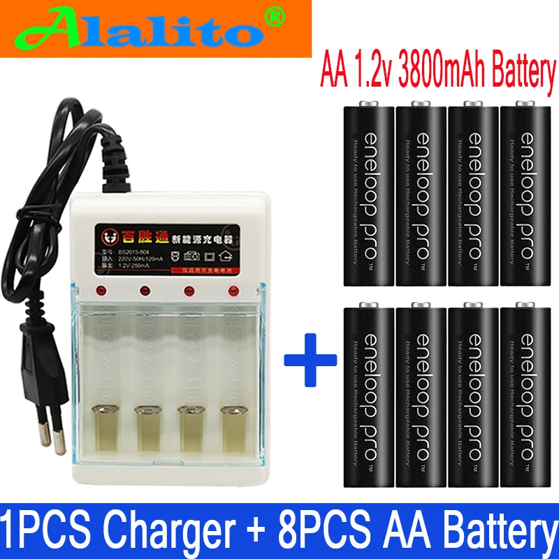 8PCS new AA battery primary Pro AA3800 MAH 1.2 V NI-MH camera toy preheated rechargeable battery+Charger |