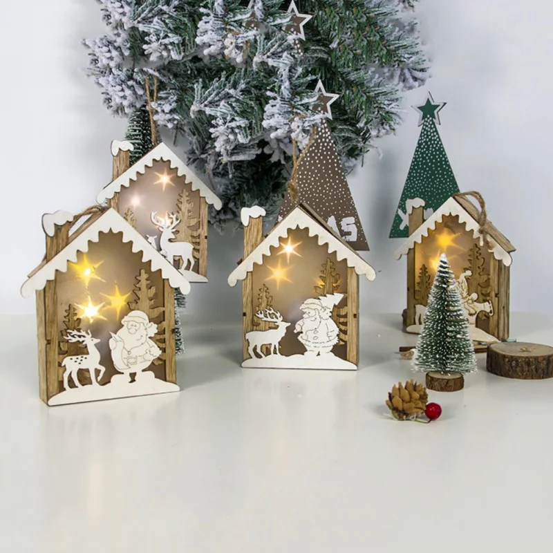 

Mini Wooden House LED Light Up Christmas Ornament Luminous Xmas Tree Hanging Pendant Party Decor Christmas Decorations For Home