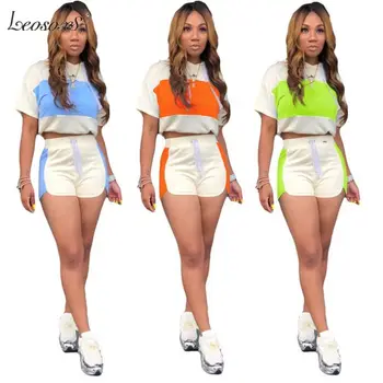 

High Quality Fashion Color Stitching Hooded Woman Patchwork Casual Two Piece Short Set