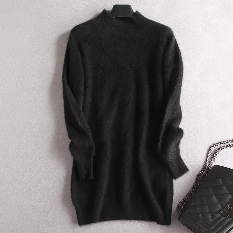 Норковая кашемировая Женская водолазка вязаные длинные пуловеры осень зима повседневные свободные однотонные свитера плотный вязаный джемпер - Цвет: Черный