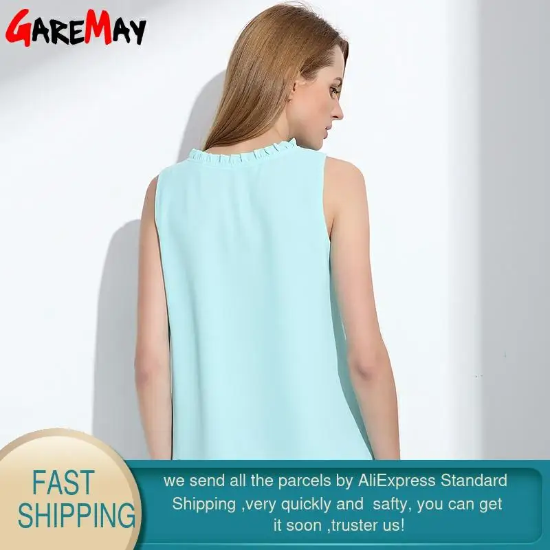 GAREMAY Chemise Femmes D'été En Mousseline de Soie Tops Blanc Sans Manches Blouses Pour Femmes Vêtements À Volants Élégant Vintage Féminin Chemises T098 ► Photo 2/6