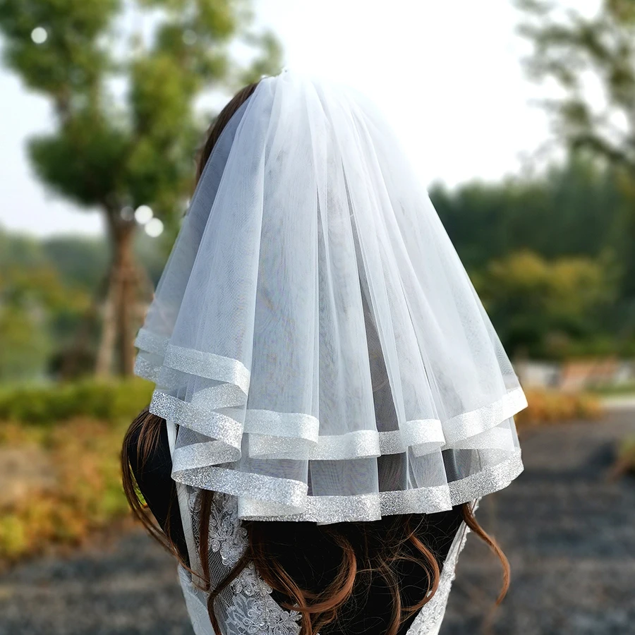 Короткая женская свадебная фата из легкого фатина цвета слоновой кости простая две свадебная фата с блестящим краем свадебное платье аксессуары с расческой