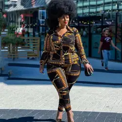 Women Set Plus Size Clothing Geometric Office Ladies Fall Outfits Elegant Long Sleeve Shirt and Pants Set Dropshipping Wholesale