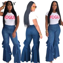 TCJULY модные уличная Высокая талия расклешенные джинсы обтягивающие пуш-ап стрейч женские джинсовые брюки вымытые тонкие синие джинсы с кроем для женщин