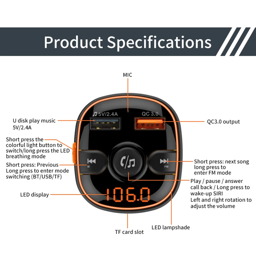 Автомобильный MP3-плеер Bluetooth 5,0 FM передатчик 7 цветов свет автомобиля QC3.0 автомобильное зарядное устройство громкой связи автомобильный комплект Поддержка U диск/TF карта
