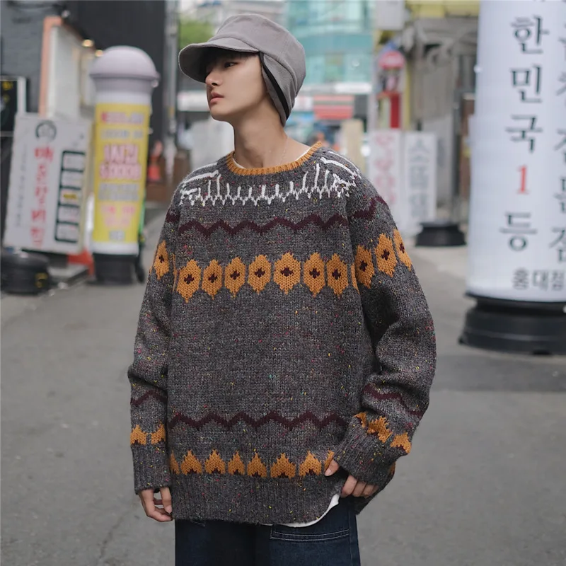 Winter Sweater Men Warm Fashion Retro Print Casual Knit Sweater Man Sweter Clothes Wild Loose Long-sleeved Pullover Men M-2XL Winter Sweater Men Warm Fashion Retro Print Casual Knit Sweater Man Sweter Clothes Wild Loose Long-sleeved Pullover Men M-2XL