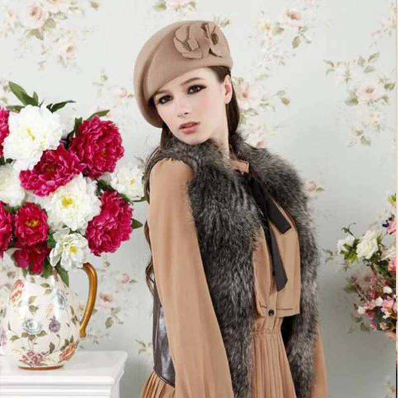 wool beret winter berets women winter felt beret Floral Women Felt French Beret Beanie fedora hat Beanie Winter Flower