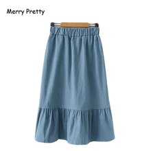 Merry Pretty джинсовые женские плиссированные юбки в стиле пэчворк Осенние эластичные свободные юбки до колена с поясом на талии