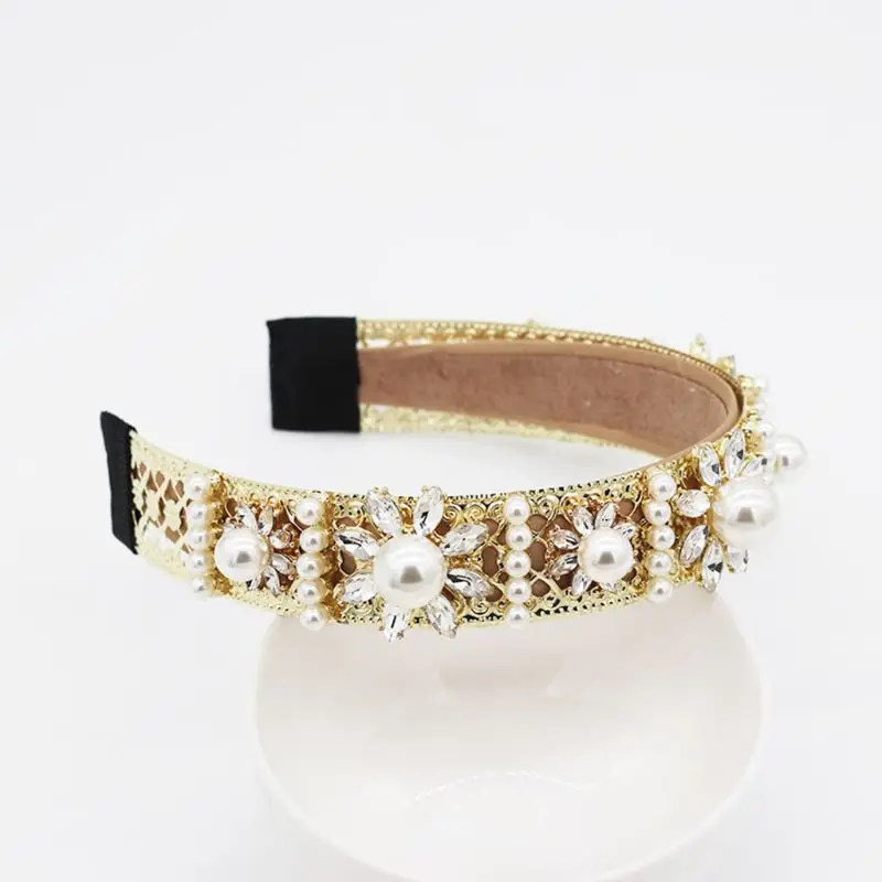 Baroque Palace Headband Full Jewelry Alloy Faux Pearl Dance Party Wide Hair Hoop 449F