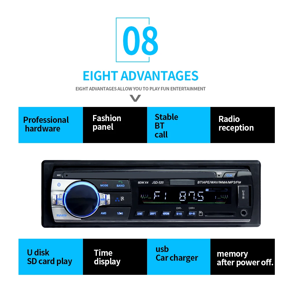 Bluetooth V2.0 JSD-520 Стерео Авторадио автомобиля радио 12 В в-тире 1 Din FM Aux вход приемник SD USB MP3 MMC WMA аудио плеер JSD520