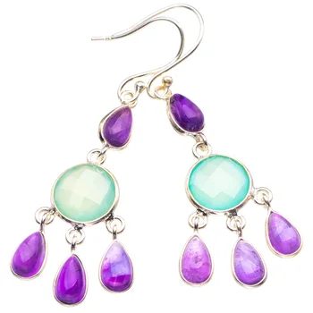 

Natural Chalcedony And Amethyst Handmade 925 Sterling Silver Earrings 2" D3617