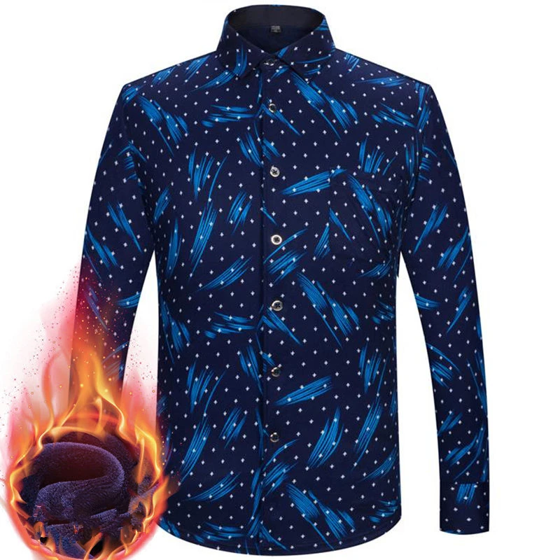 Fashion Men's Print Plaid Warm Thick Velvet Fleece Shirts Winter Long Sleeve Dress Shirt for Men Soft Flannel Camisa Masculina