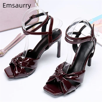 

Claret Bowknot Open Toe Sandals Women Ankle Strappy 10cm Thin Heels Square Toes 2020 Chic Summer Party Shoes Zapatos Mujer