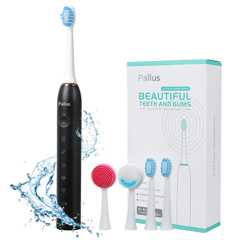 

Sonic Electric Toothbrush IPX7 Waterproof with 2 Brush Heads,2 Facial Cleaning Head,5 Brushing Modes with 2 Minutes Timer