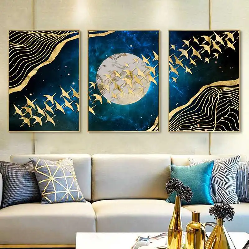 

Canvas Painting Abstract Moon Golden Birds Wave Mountain Wall Art Nordic Posters and Prints Wall Pictures for Living Room