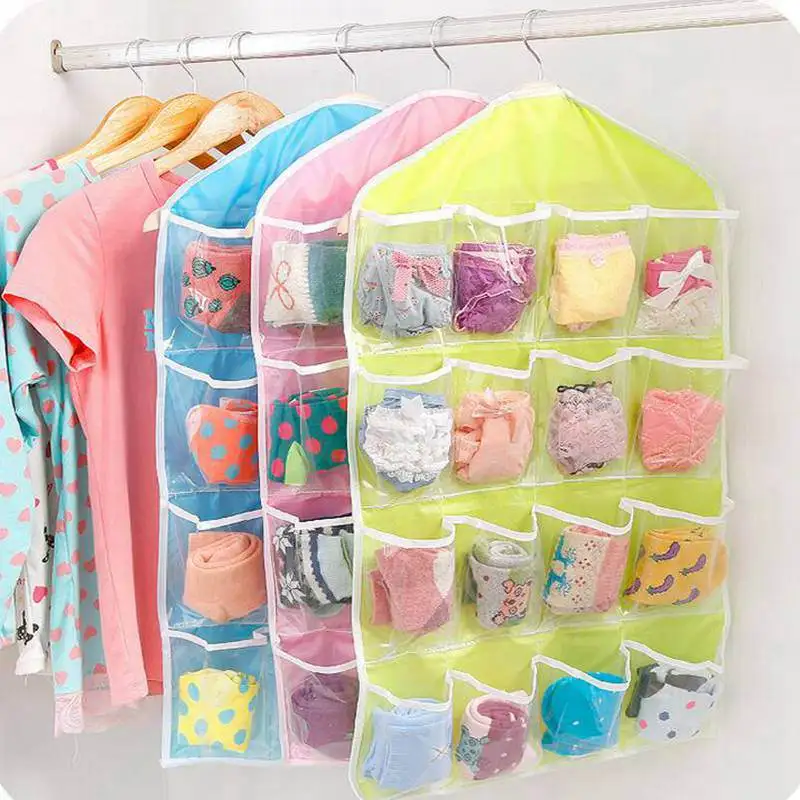 Hot! 16 Pockets Clear Hanging Bag Socks Bra Underwear Rack Hanger