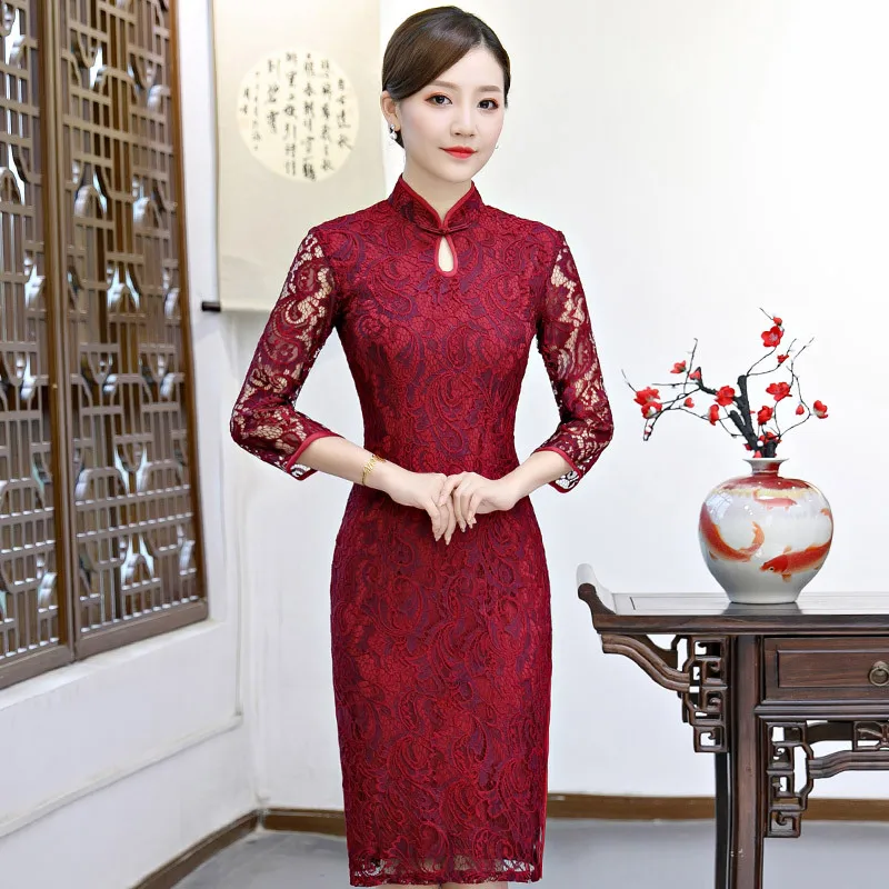 

Cheongsam-Dress Women's Spring And Autumn Hi Grandma Wedding Banquet Middle-aged Middle-aged Women Dress Chinese-style Lace Cheo
