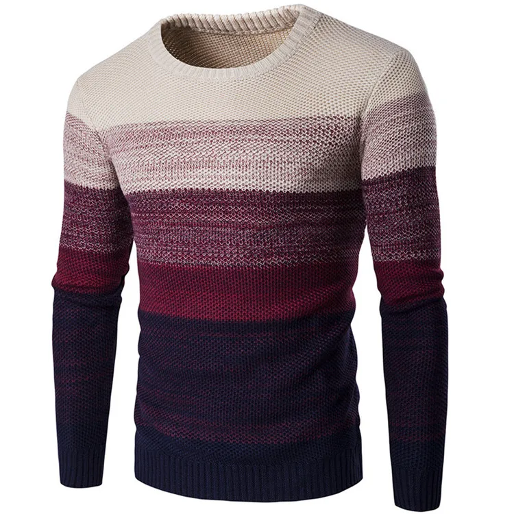 Autumn Men's Gradient Sweater Casual O-Neck Striped Mens Knittwear Patchwork Winter Knitted Pullovers Slim Fit Pull Homme - Цвет: NZZ003 Red