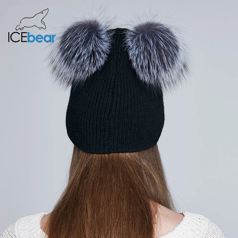 ICEbear мягкие женские зимние шапки, двойная настоящая шапка с меховым помпоном, теплая Милая шапка для девочек, Новое поступление, E-MX18118Q