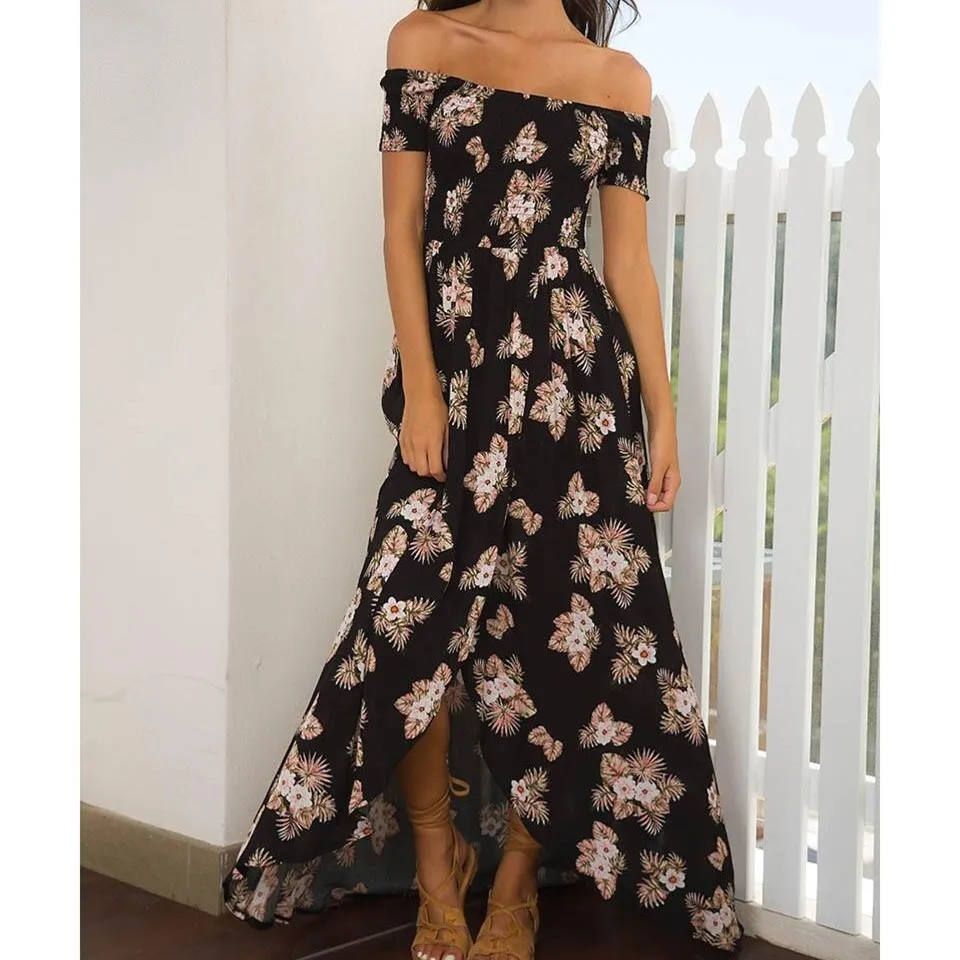 Mode Mooie Sexy Off Shoulder Bloemenprint Lange Jurk Vrouwen Boho Hoge Taille Party Strand Jurk Slash Hals Onregelmatige Jurken Mode Mooie Sexy Off Shoulder Bloemenprint Lange Jurk Vrouwen Boho Hoge Taille Party Strand Jurk Slash Hals Onregelmatige Jurken