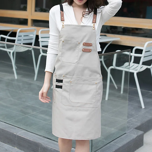 New Fashion Canvas Kitchen Aprons For Woman Men Chef Work Apron For Grill Restaurant Bar Shop Cafes Beauty Nails Studios Uniform Off white