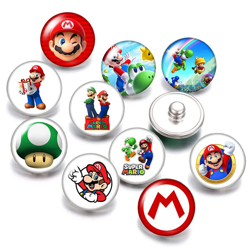 Game super mario 18mm snap buttons 10pcs mixed round photo glass cabochon style for snap button jewelry