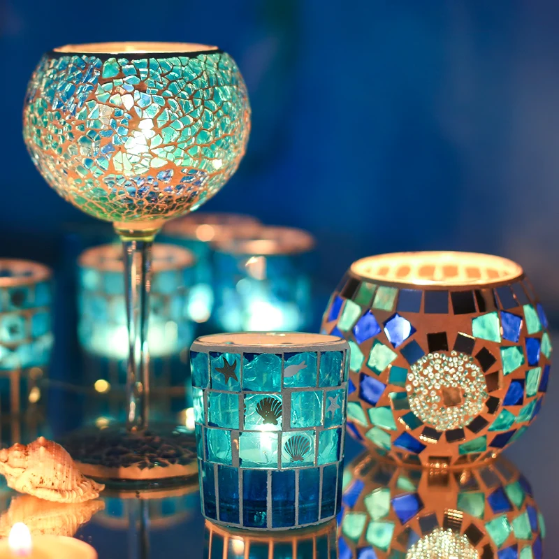 Glass Mosaic Mediterranean Candlestand Set Piece Candlelight Dinner Candle Cup Set Props Nordic Romantic Western Table Ornament