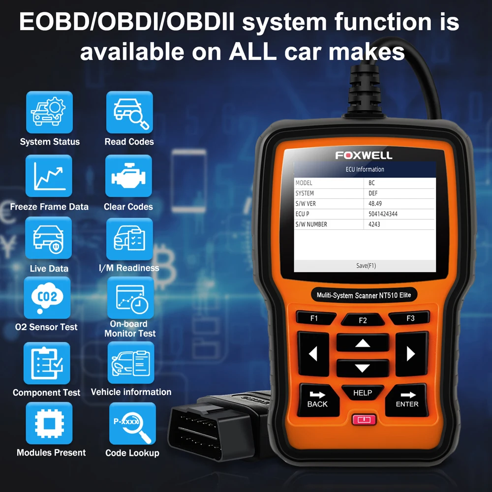 Сканер FOXWELL NT510 Elite с полной системой OBD2 сканер на ABS SRS EPB DPF сервис сброса масла ODB2