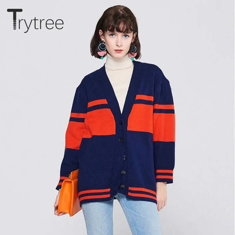 

Trytree Autumn Winter Women Casual Sweater Patchwork Color V-Neck Cardigans Computer Knitted Single Breasted Long Sleeve Sweater