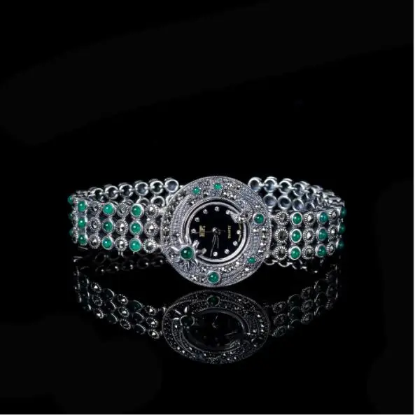 Серебро 925 S925 Стерлинговое серебро ювелирные изделия Taiyin женские ручной орнамент зеленый натуральный камень браслет часы для женщин Новинка - Окраска металла: black