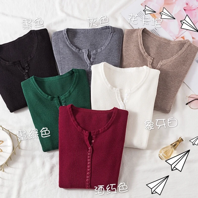 2019 new fashion women's knitwear Korean round neck pullover sweater female short section Slim long sleeve bottoming knitting | Женская