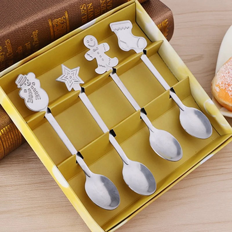 4 pcs/set Christmas Coffee Spoons Stainless Steel Ice Cream Dessert Coffee&Tea Spoon Drinking Spoon Tableware Xmas Gifts