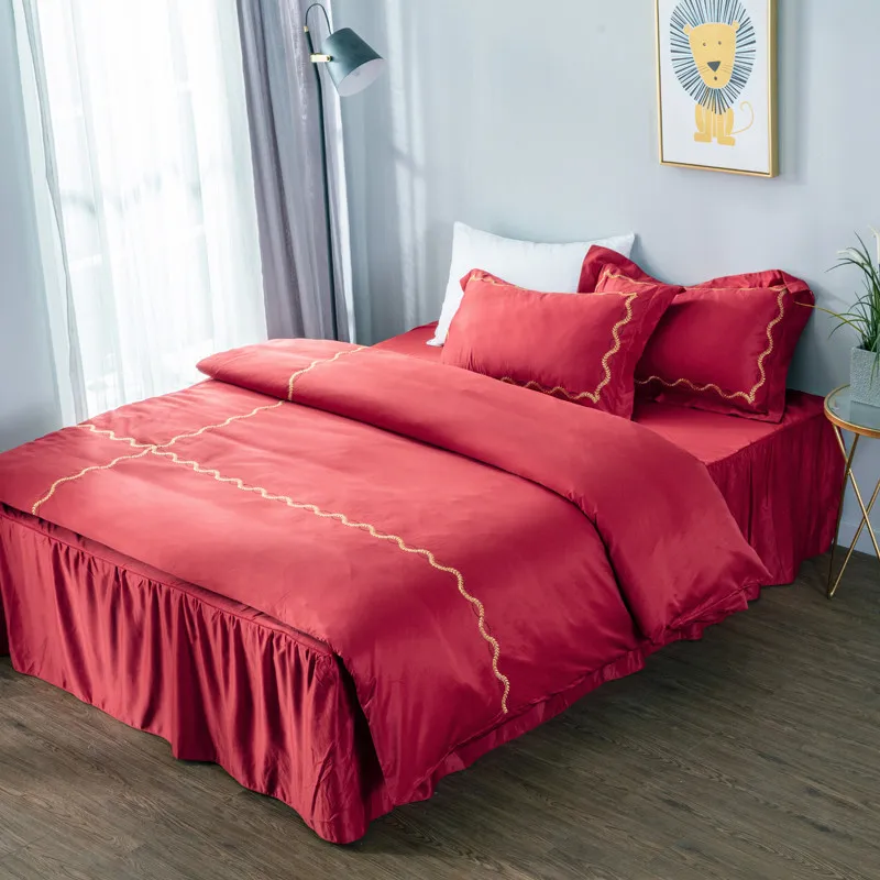 Luxury Style Washed Silk Bed Set Duvet Cover Sheet Skirt Pillowcases Big Red Ruby Pink Grey Camel White Yellow | Дом и сад