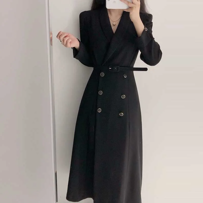 Korea One-Piece Chic Dress Women 2020 Spring Autumn Vintage Elegant Lapel Double-Breasted Lace-Up Waist Dresses For Female Dress