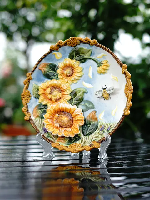 Hand Painted 3D Lily Butterfly Bird Sunflower Plates For Wall Hanging 8inch Ceramic Decorative Plate New Home Hotel Wall Decor 5
