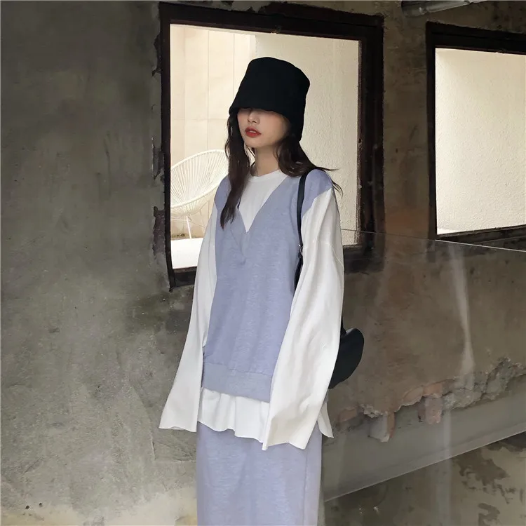 

Photo Shoot 2019 Most New Style High Waist Skirt + V-neck Waistcoat Joint Mock Two-Piece Hoodie Two-Piece Set